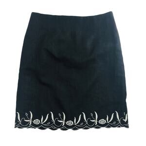 Women Black Linen Pencil Skirt Petite 10P Embroidered Scalloped Hem